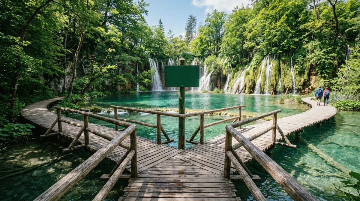 Signposted trail junction at the entrance gate of Plitvice Lakes National Park showing route markers for a Plitvice Lakes National Park tour