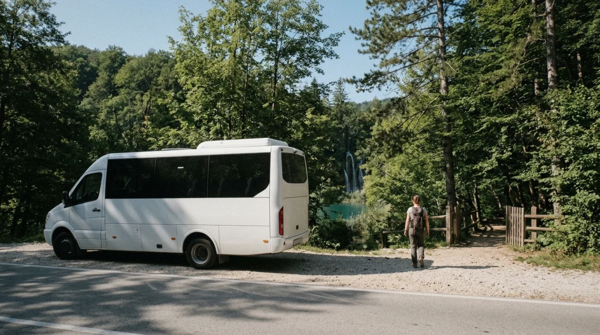 Roadside bus stop sign on the D1 road at the entrance to Plitvice Lakes National Park in Croatia