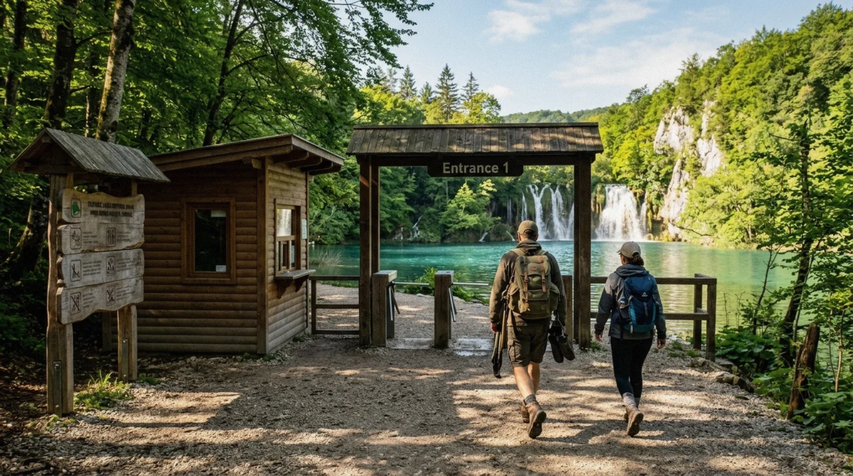 Ticket booth and entrance gate at Plitvice Lakes National Park showing the price board for Plitvice Lakes National Park tours